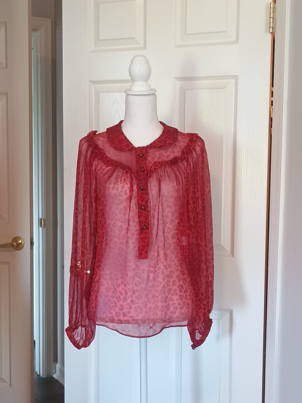 Sara Berman Red Sheer Leopard-Print Long-Sleeve Blouse